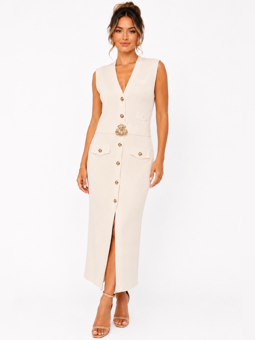 Knit Cream Button-Front Dress with Decorative Waist Accent